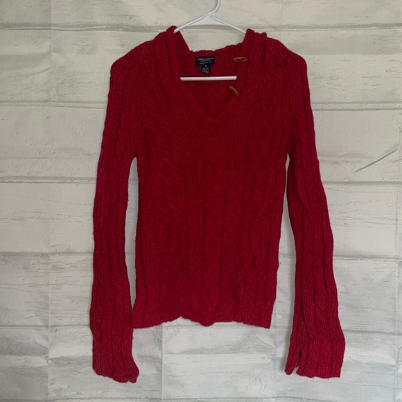 American Eagle Outfitter Hooded Winter Knit Sweater Red 100% Lambs Wool Size M - Picture 3 of 15